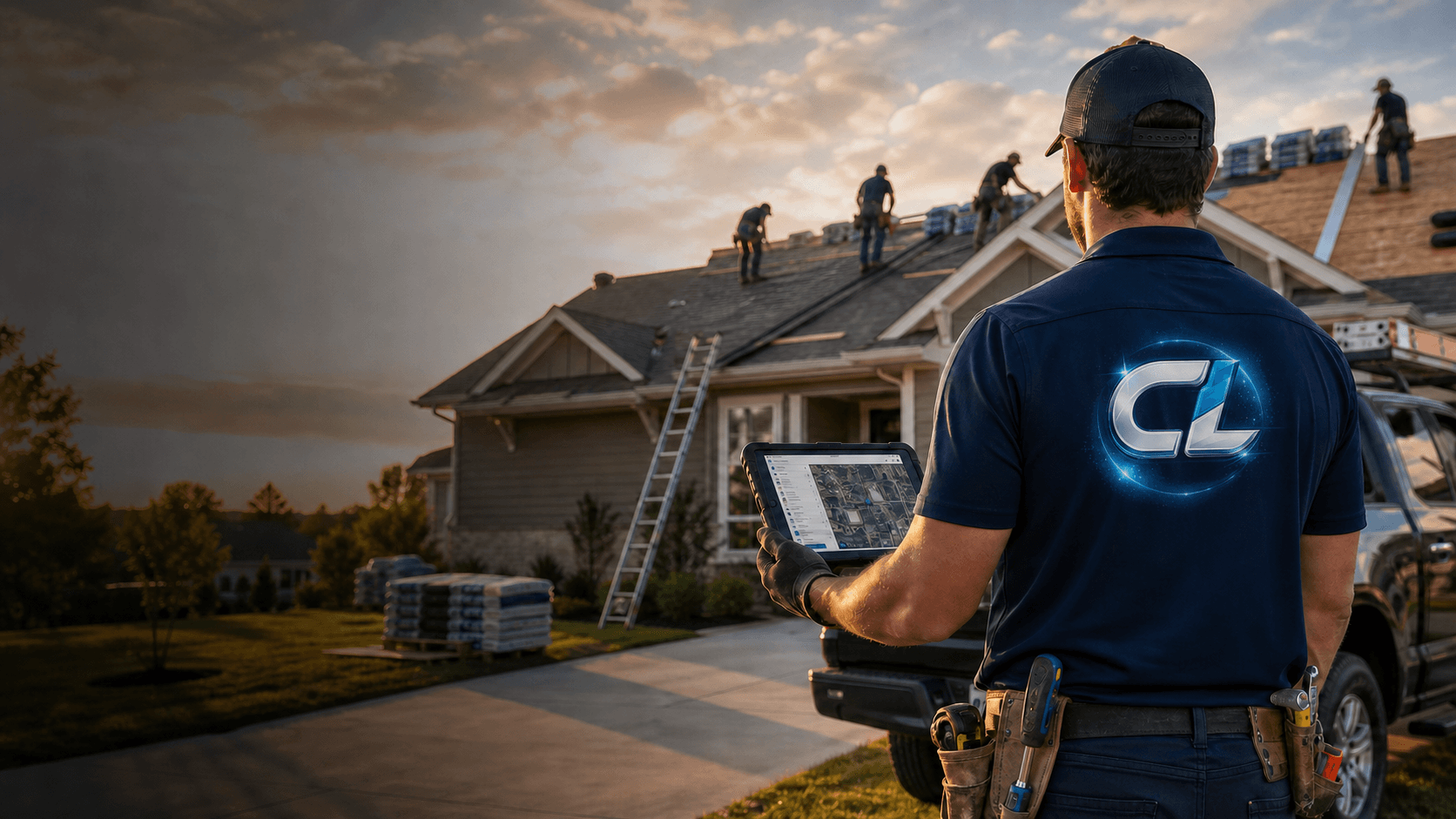 Roofing contractor using CrewLogik at a residential jobsite